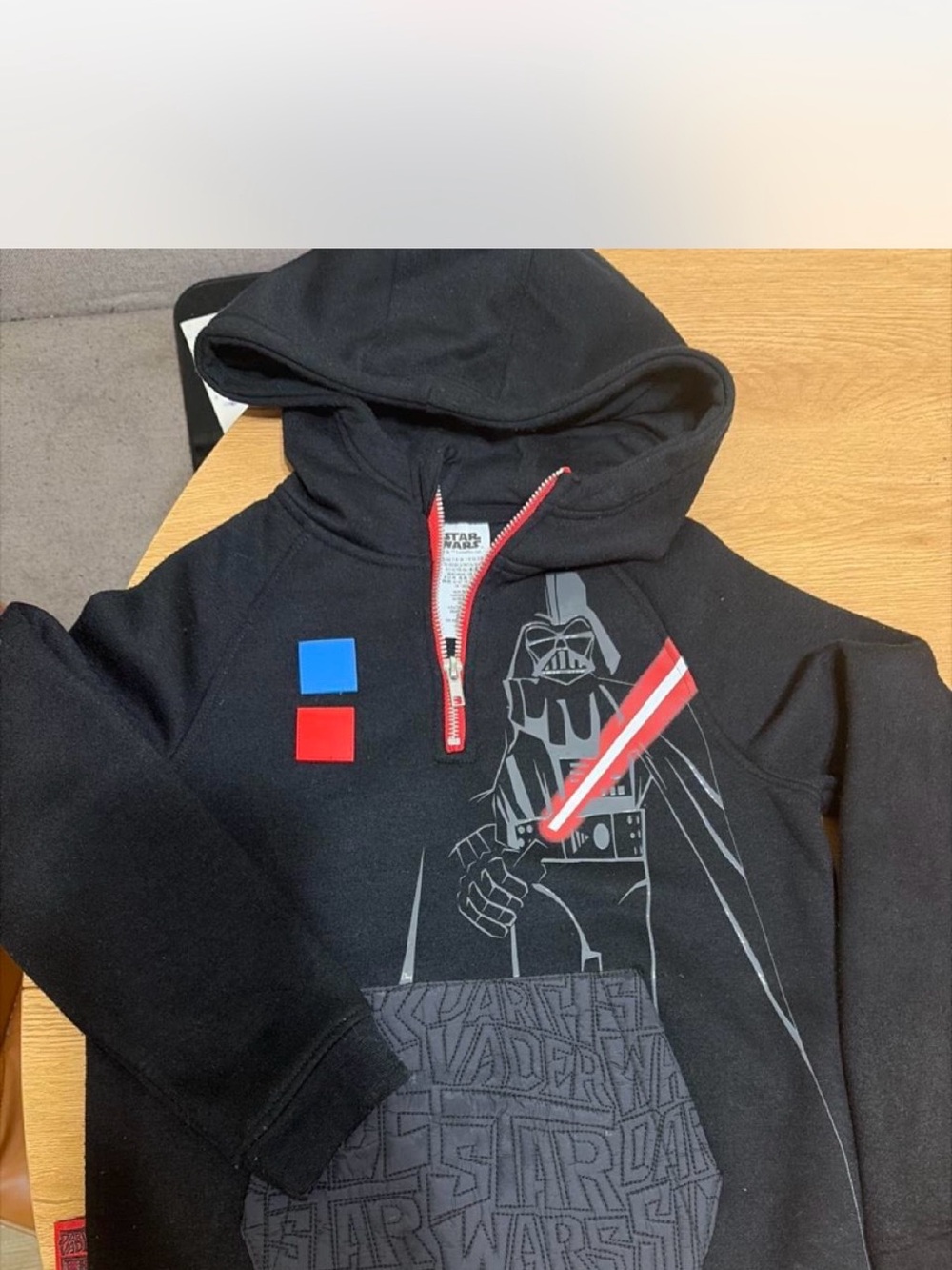 Disney Kids Black Darth Vader Hoodie with Red and Blue Accents